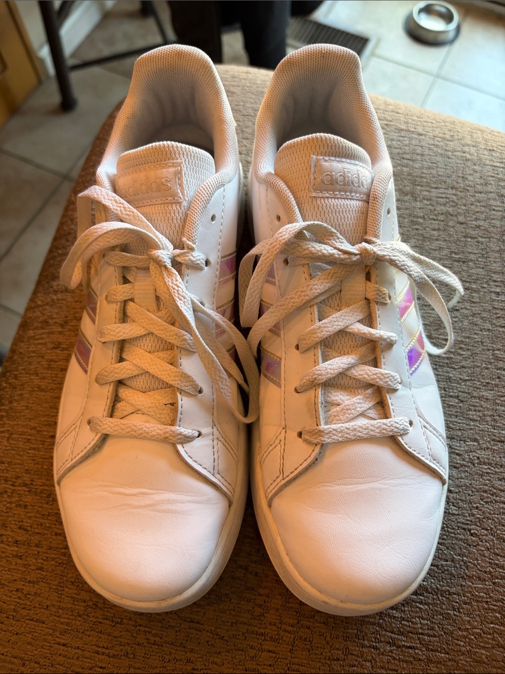 Adidas White Sneakers with Iridescent Pink Stripes